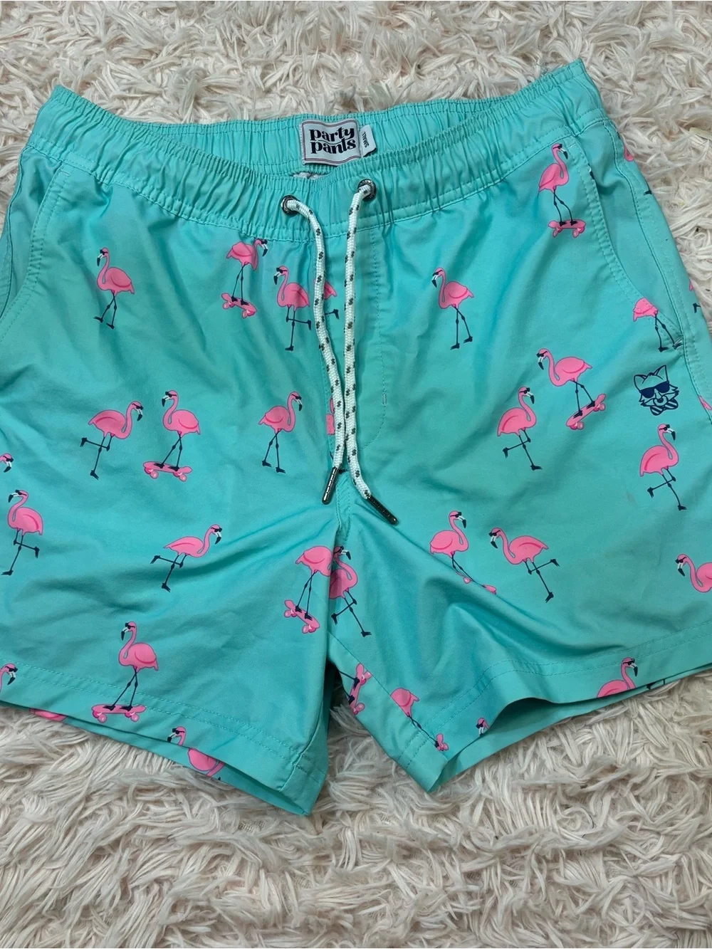 Party Pants Women's Turquoise Flamingo Print Drawstring Shorts